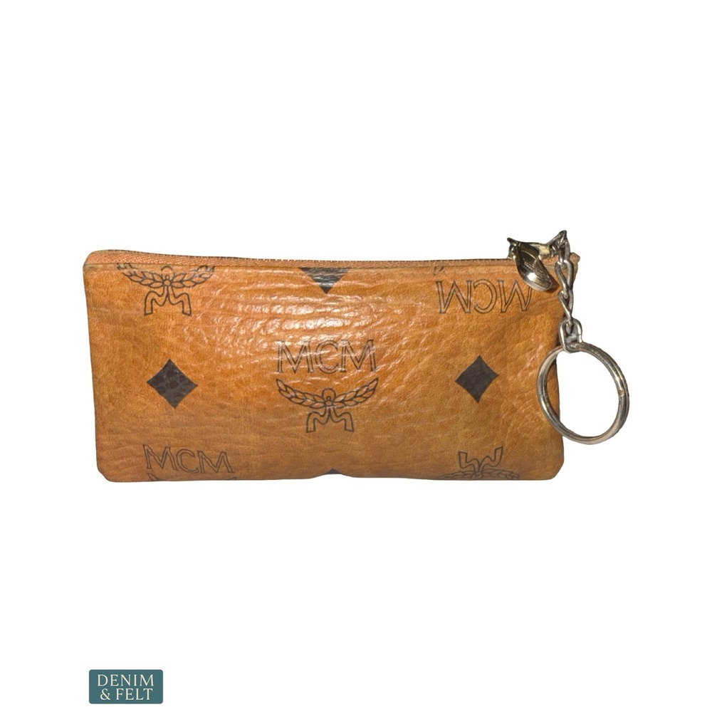 MCM Visetos Cognac‎ Brown Coated Canvas Zip Coin Pouch Key Holder Wallet